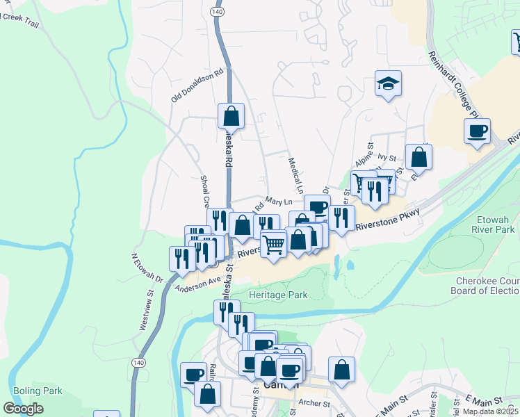 map of restaurants, bars, coffee shops, grocery stores, and more near 621 Hospital Drive in Canton