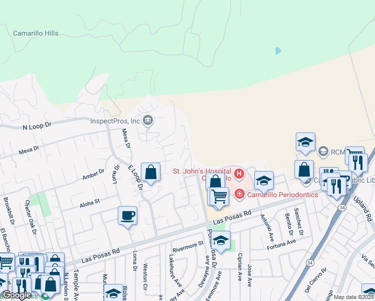 map of restaurants, bars, coffee shops, grocery stores, and more near 2713 Antonio Drive in Camarillo