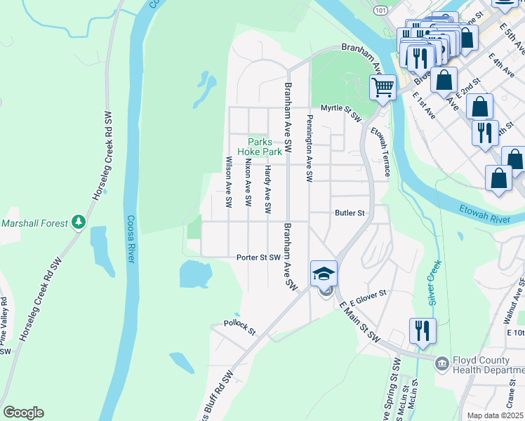 map of restaurants, bars, coffee shops, grocery stores, and more near 412 Hardy Avenue Southwest in Rome