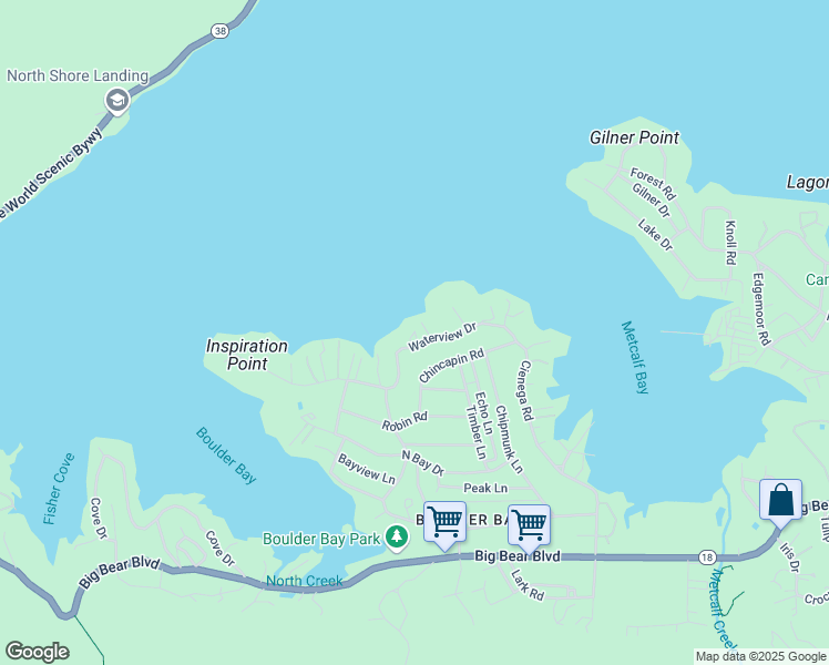 map of restaurants, bars, coffee shops, grocery stores, and more near 39124 Waterview Drive in Big Bear Lake