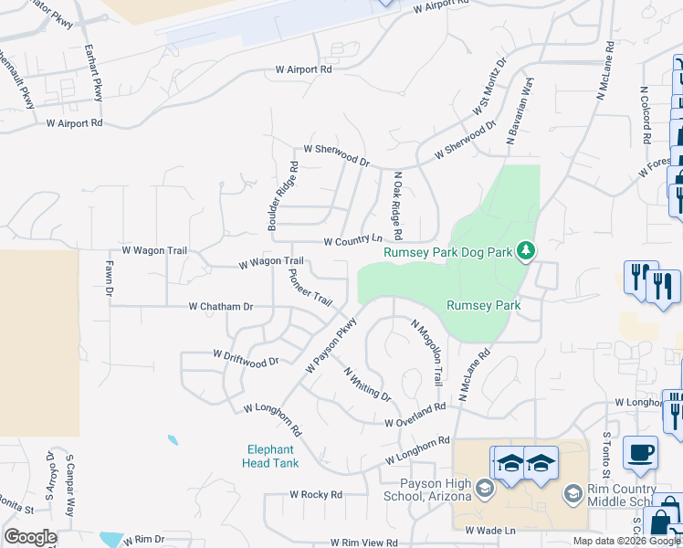 map of restaurants, bars, coffee shops, grocery stores, and more near 309 West Heritage Lane in Payson