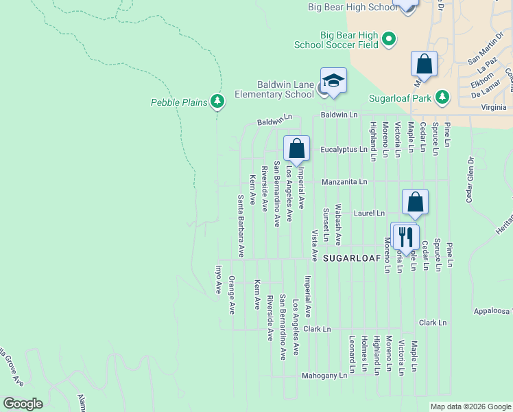 map of restaurants, bars, coffee shops, grocery stores, and more near 357 Kern Avenue in Big Bear