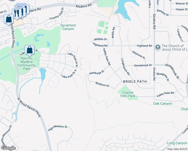 map of restaurants, bars, coffee shops, grocery stores, and more near 47 Humboldt Street in Simi Valley
