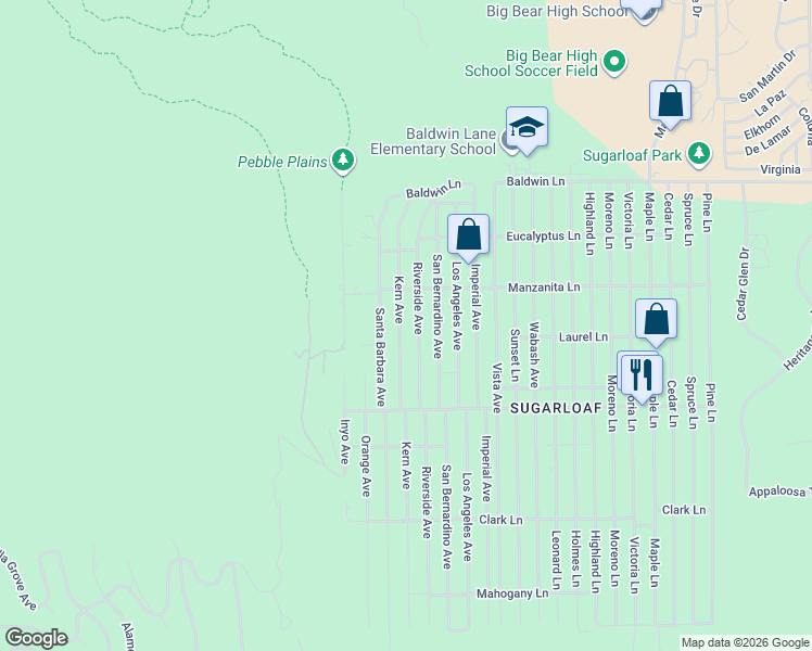 map of restaurants, bars, coffee shops, grocery stores, and more near 357 Kern Avenue in Big Bear