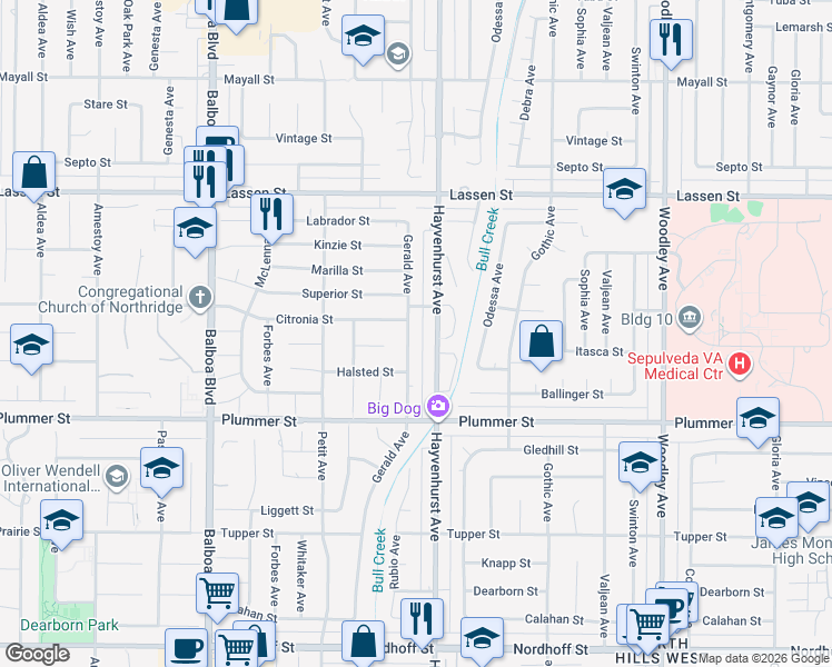 map of restaurants, bars, coffee shops, grocery stores, and more near 9636 Gerald Avenue in Los Angeles
