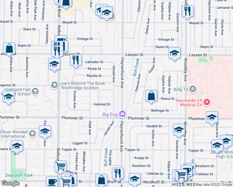 map of restaurants, bars, coffee shops, grocery stores, and more near 9636 Gerald Avenue in Los Angeles
