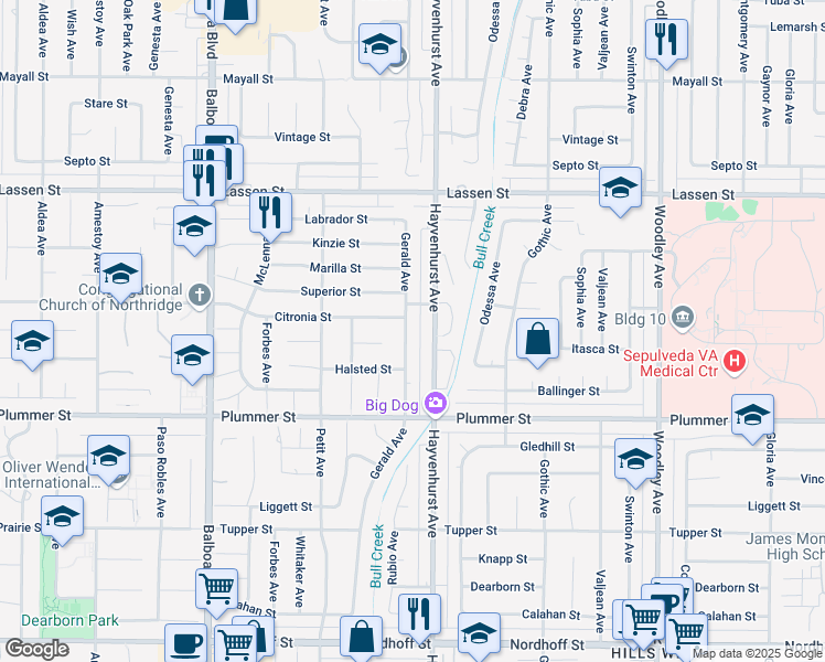 map of restaurants, bars, coffee shops, grocery stores, and more near 9636 Gerald Avenue in Los Angeles