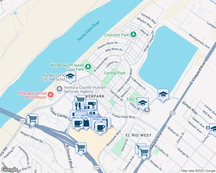 map of restaurants, bars, coffee shops, grocery stores, and more near 710 Garonne Street in Oxnard
