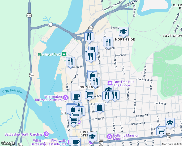 map of restaurants, bars, coffee shops, grocery stores, and more near in Wilmington