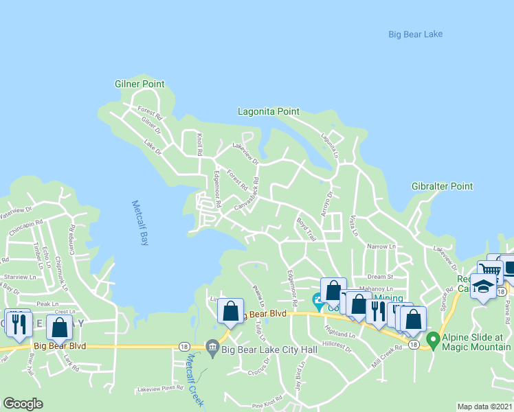 map of restaurants, bars, coffee shops, grocery stores, and more near 432 Chip-O-Wood in Big Bear