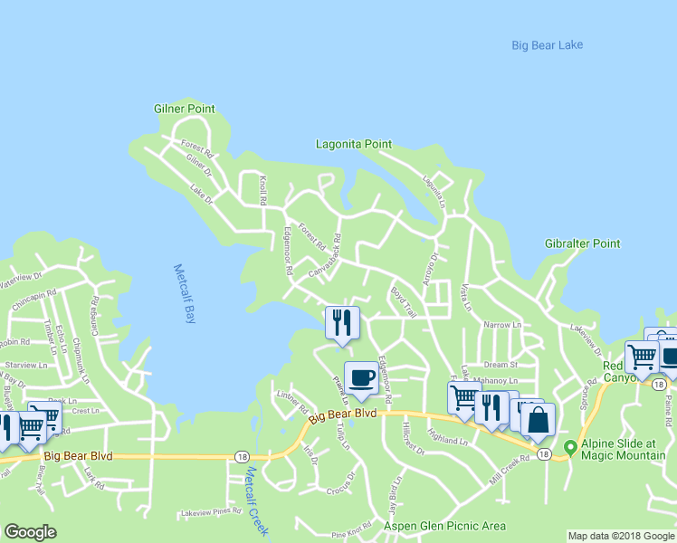 map of restaurants, bars, coffee shops, grocery stores, and more near 432 Canvasback Road in Big Bear
