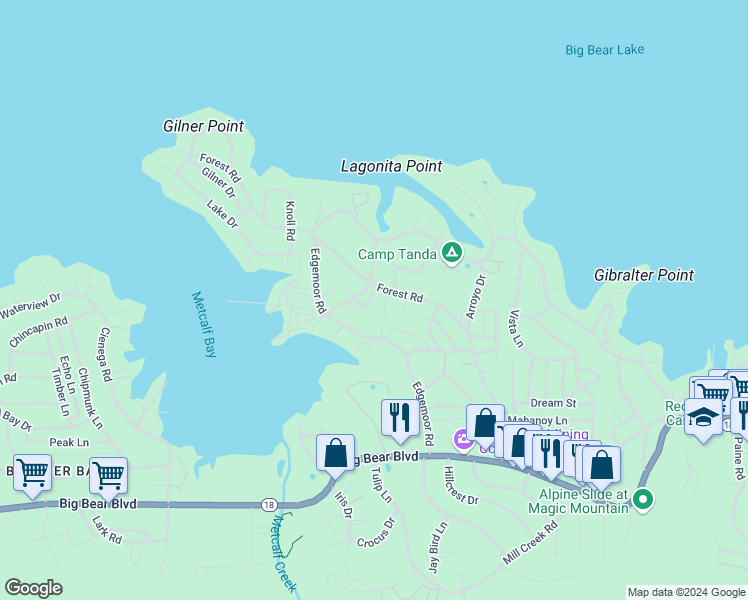 map of restaurants, bars, coffee shops, grocery stores, and more near in Big Bear Lake