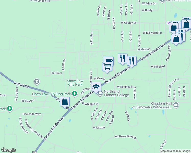map of restaurants, bars, coffee shops, grocery stores, and more near 301 South 12th Avenue in Show Low