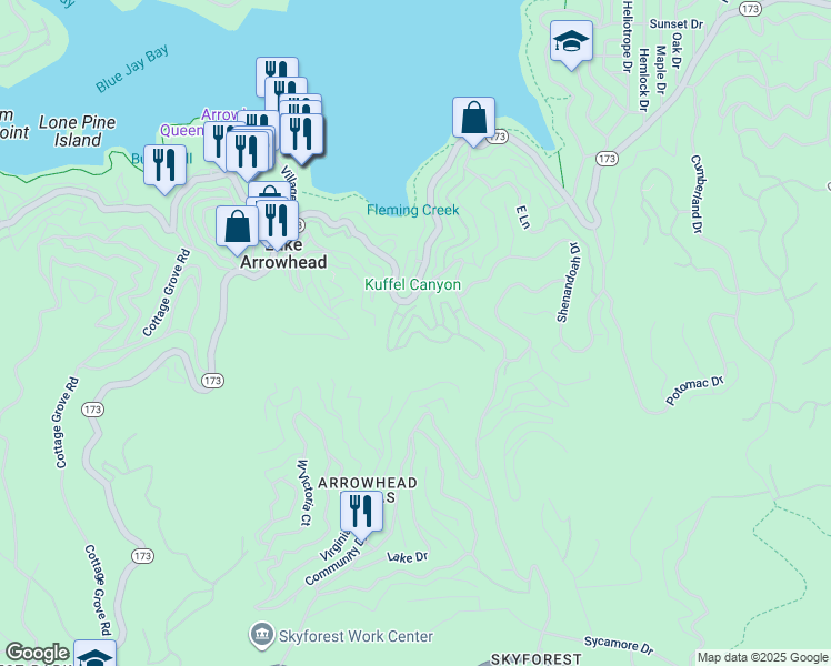 map of restaurants, bars, coffee shops, grocery stores, and more near 323 Canyon Crest Lane in Lake Arrowhead
