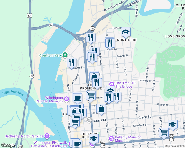 map of restaurants, bars, coffee shops, grocery stores, and more near in Wilmington