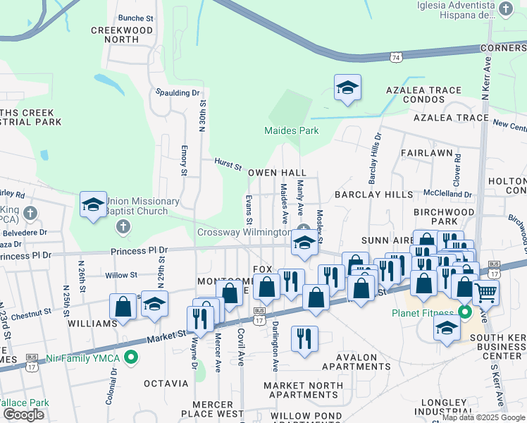 map of restaurants, bars, coffee shops, grocery stores, and more near 432 Clay Street in Wilmington
