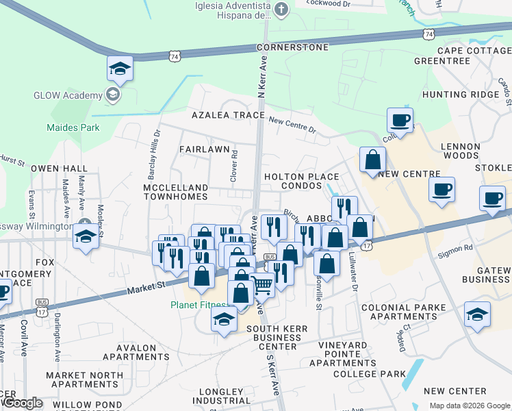 map of restaurants, bars, coffee shops, grocery stores, and more near 321 North Kerr Avenue in Wilmington