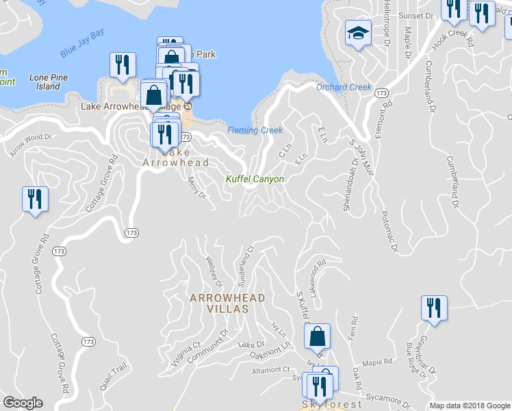 map of restaurants, bars, coffee shops, grocery stores, and more near 323 Canyon Crest Lane in Lake Arrowhead