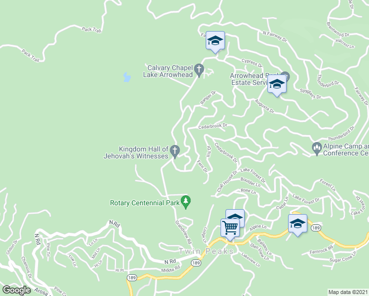 map of restaurants, bars, coffee shops, grocery stores, and more near 416 La Casita Drive in Twin Peaks