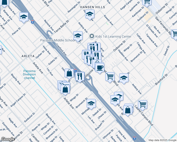 map of restaurants, bars, coffee shops, grocery stores, and more near 9713 Remick Avenue in Los Angeles