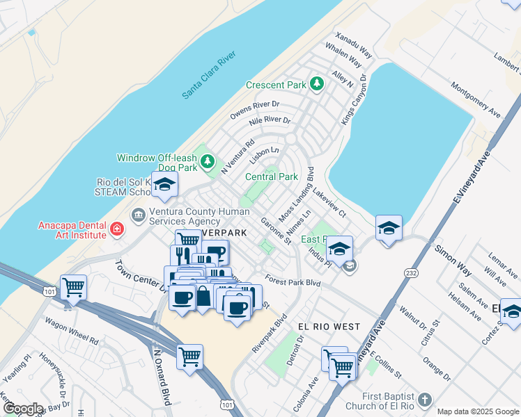 map of restaurants, bars, coffee shops, grocery stores, and more near 3098 North Oxnard Boulevard in Oxnard