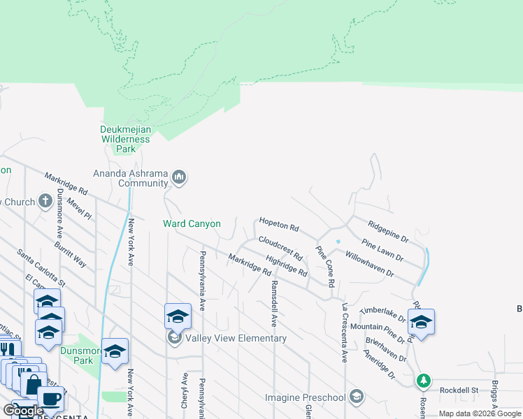 map of restaurants, bars, coffee shops, grocery stores, and more near 3033 Hopeton Road in La Crescenta-Montrose