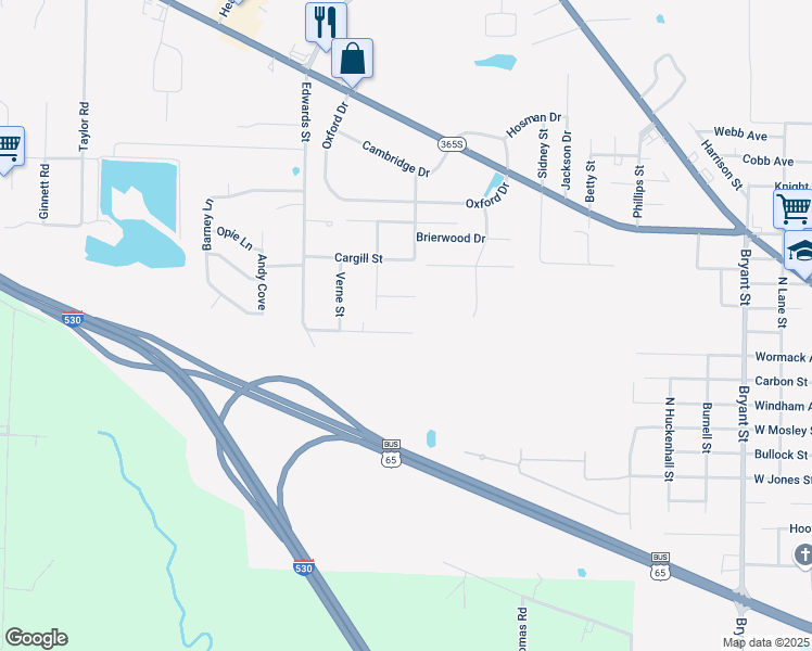 map of restaurants, bars, coffee shops, grocery stores, and more near 100 Myra Avenue in Pine Bluff