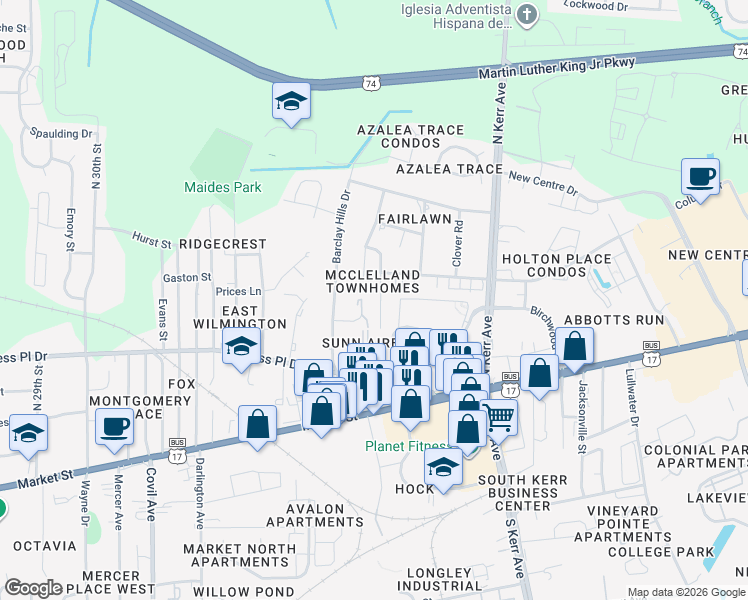 map of restaurants, bars, coffee shops, grocery stores, and more near 327 Saint Rosea Road in Wilmington