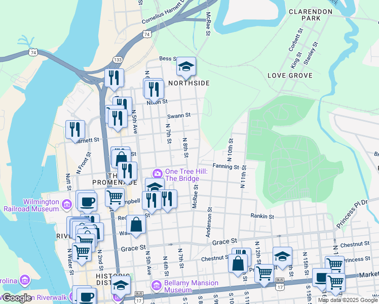 map of restaurants, bars, coffee shops, grocery stores, and more near 820 North 8th Street in Wilmington