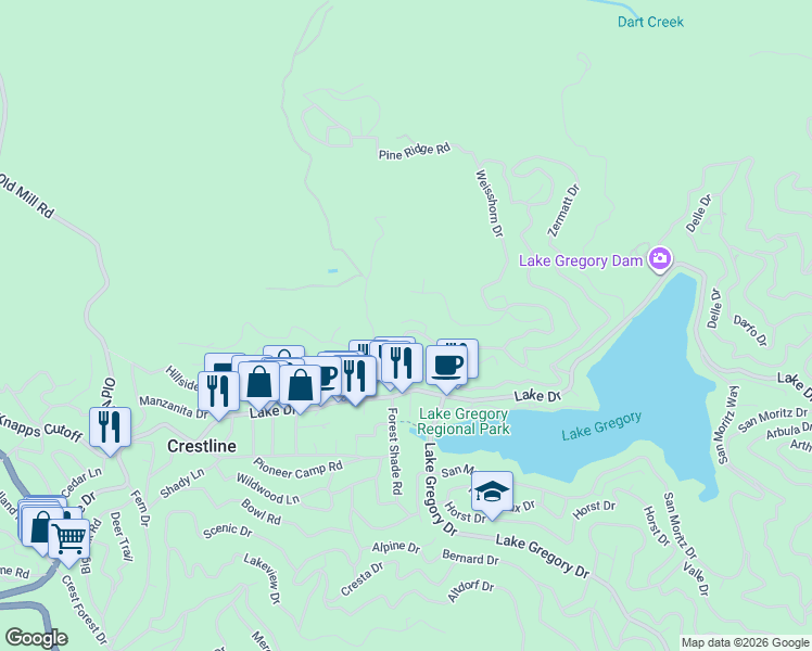 map of restaurants, bars, coffee shops, grocery stores, and more near 494 Wylerhorn Drive in Crestline
