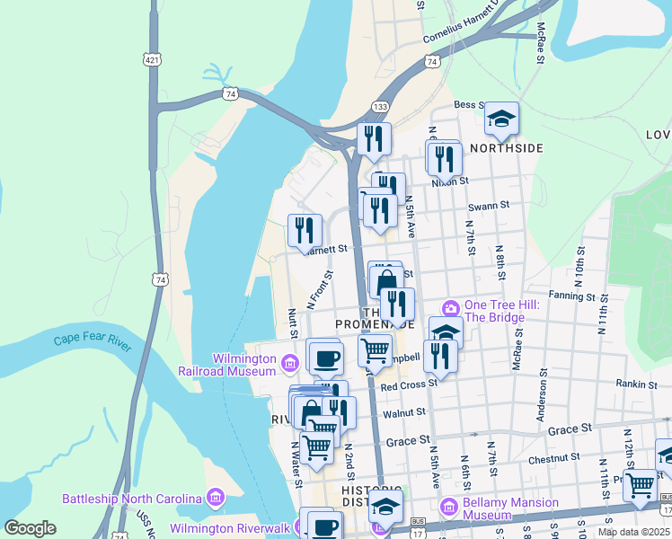 map of restaurants, bars, coffee shops, grocery stores, and more near 908 North Front Street in Wilmington