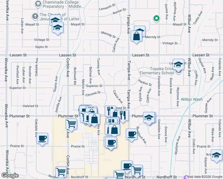 map of restaurants, bars, coffee shops, grocery stores, and more near 9700 Calvin Avenue in Los Angeles