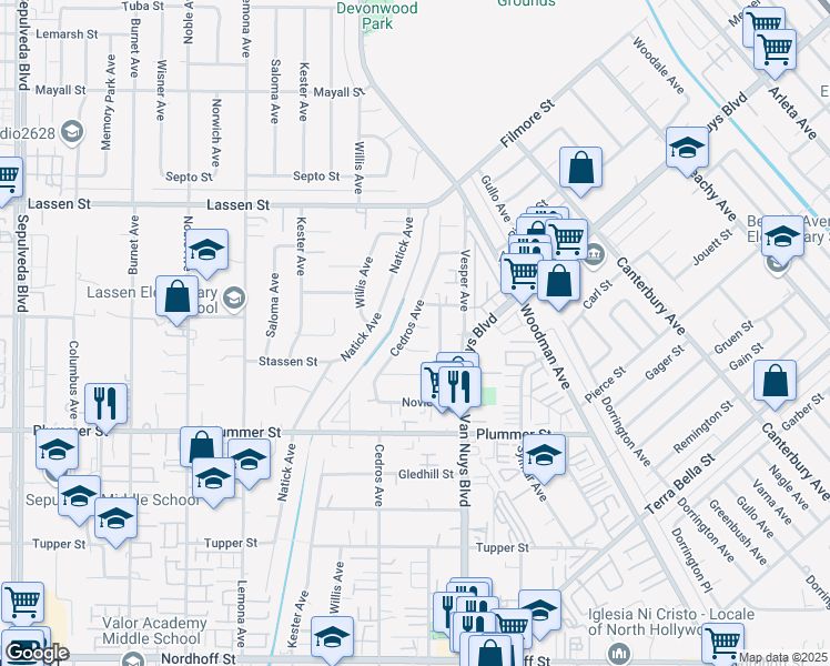 map of restaurants, bars, coffee shops, grocery stores, and more near 14654 Moody Street in Los Angeles