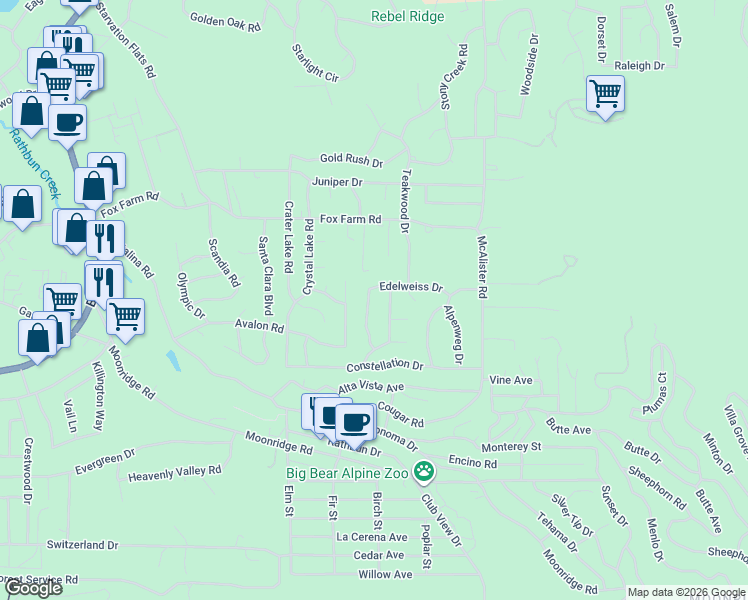 map of restaurants, bars, coffee shops, grocery stores, and more near 351 Feldstrasse Drive in Big Bear Lake