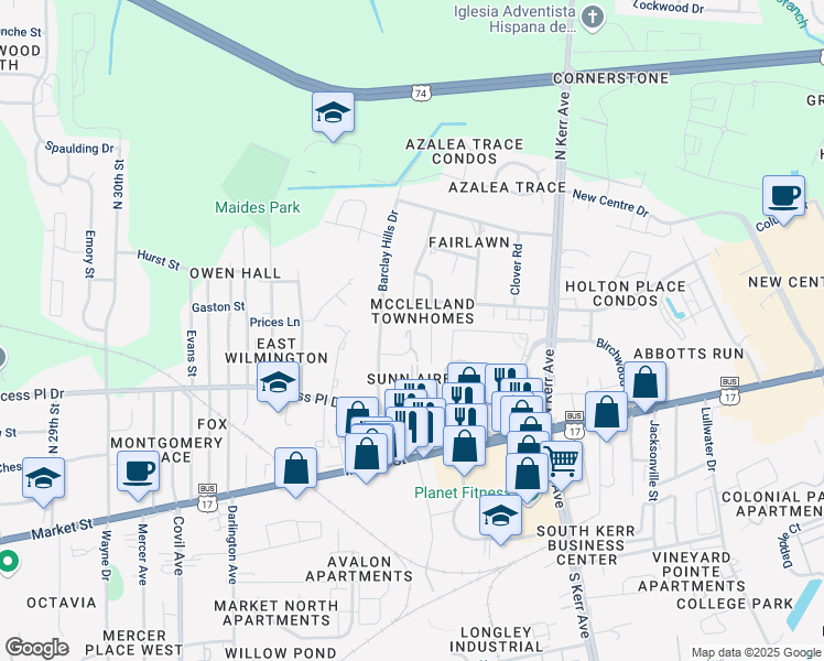 map of restaurants, bars, coffee shops, grocery stores, and more near 339 Saint Rosea Road in Wilmington