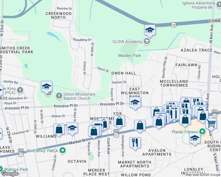 map of restaurants, bars, coffee shops, grocery stores, and more near 448 Evans Street in Wilmington