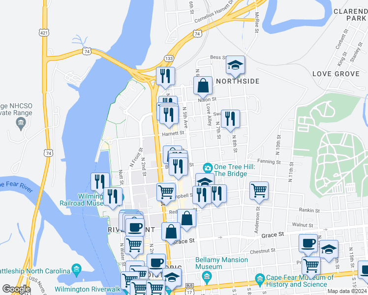 map of restaurants, bars, coffee shops, grocery stores, and more near 916 1/2 North 5th Avenue in Wilmington