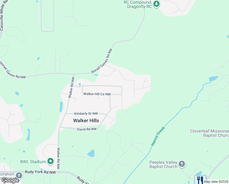 map of restaurants, bars, coffee shops, grocery stores, and more near 102 Walker Hill Circle Northwest in Cartersville