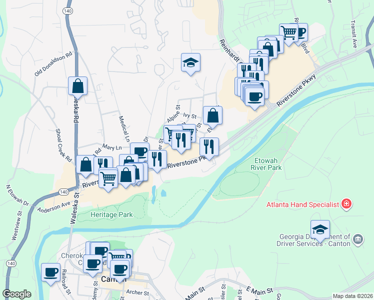 map of restaurants, bars, coffee shops, grocery stores, and more near 551 Riverstone Parkway in Canton