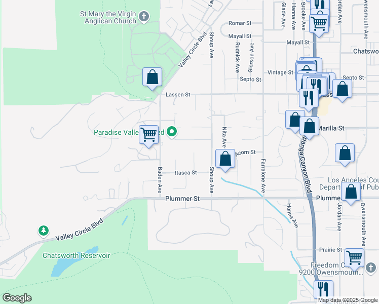 map of restaurants, bars, coffee shops, grocery stores, and more near 9651 Sagebrush Avenue in Los Angeles