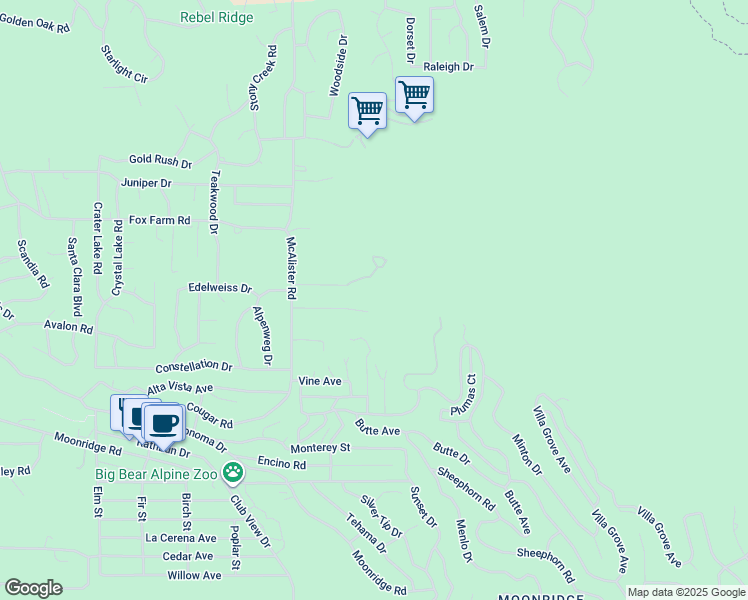 map of restaurants, bars, coffee shops, grocery stores, and more near 1101 Apple Tree Road in Big Bear