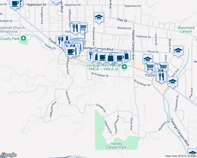 map of restaurants, bars, coffee shops, grocery stores, and more near High Cliff Trail in Los Angeles