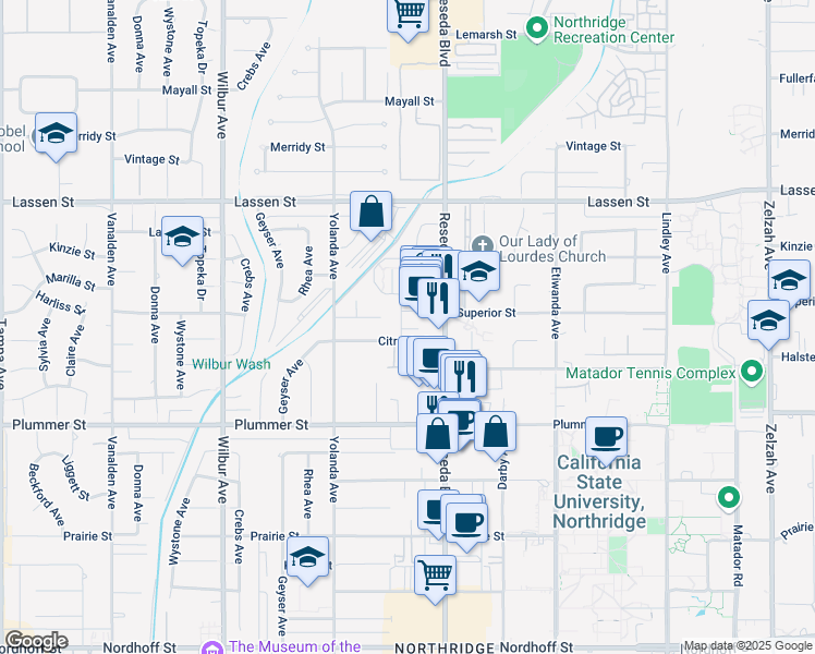 map of restaurants, bars, coffee shops, grocery stores, and more near 9646 Amigo Avenue in Los Angeles
