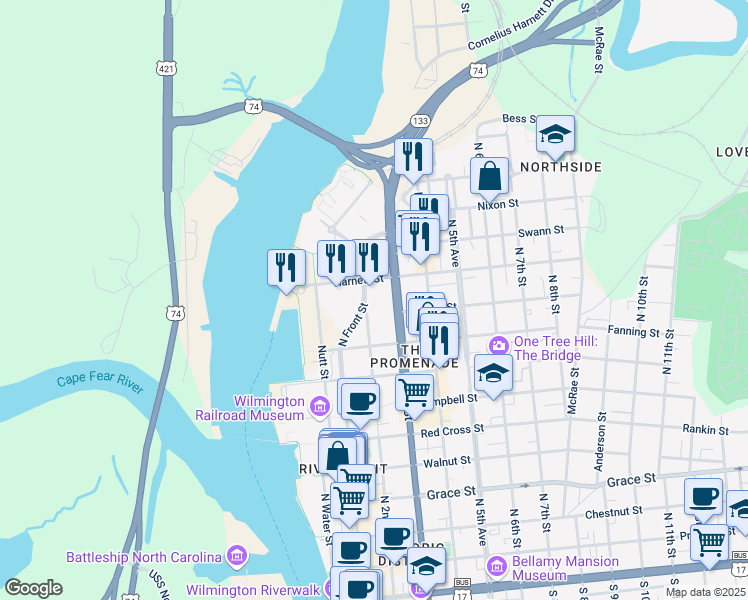 map of restaurants, bars, coffee shops, grocery stores, and more near 908 North Front Street in Wilmington