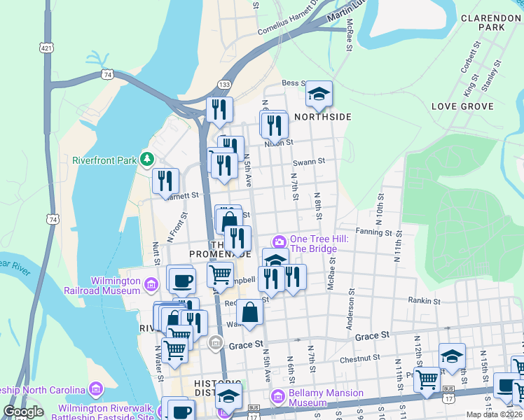 map of restaurants, bars, coffee shops, grocery stores, and more near 916 1/2 North 5th Avenue in Wilmington