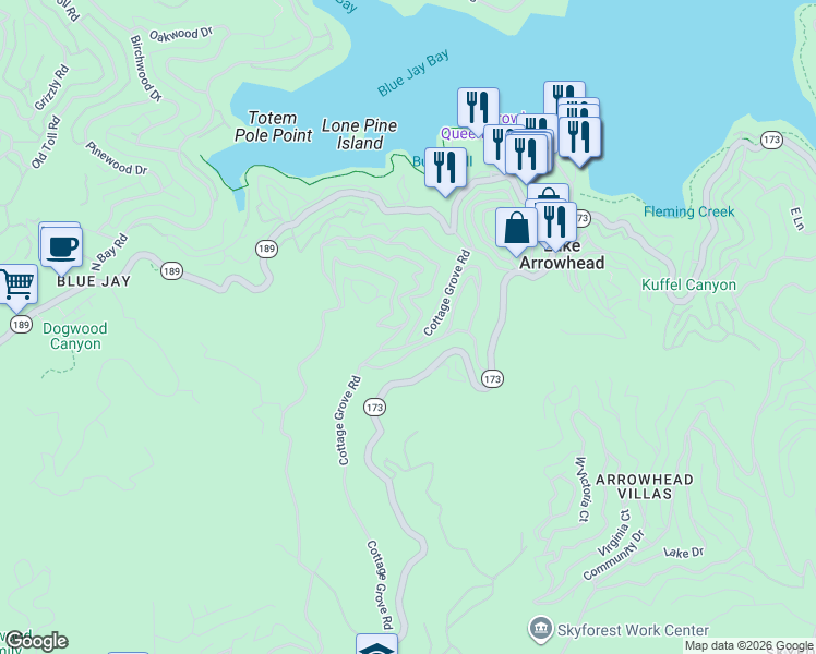 map of restaurants, bars, coffee shops, grocery stores, and more near 378 Hillside Road in Lake Arrowhead