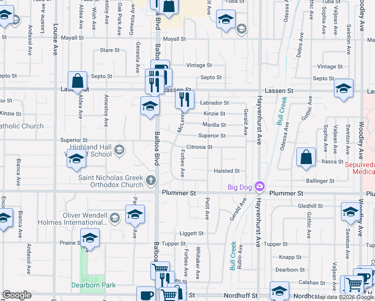 map of restaurants, bars, coffee shops, grocery stores, and more near 16852 Citronia Street in Los Angeles