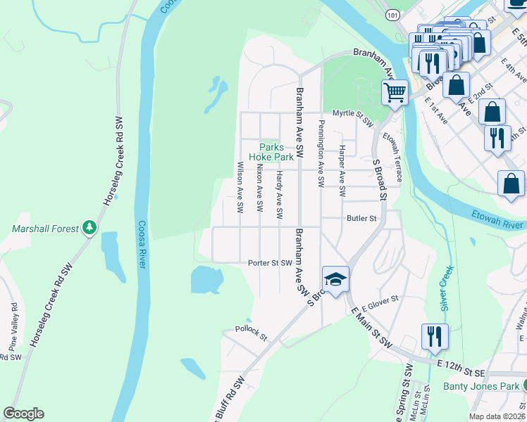 map of restaurants, bars, coffee shops, grocery stores, and more near 401 Nixon Avenue Southwest in Rome