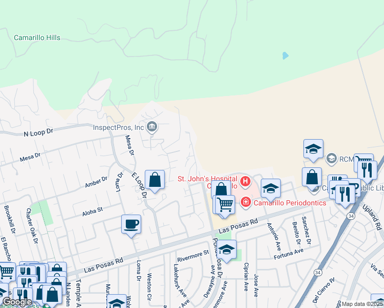 map of restaurants, bars, coffee shops, grocery stores, and more near 2803 Antonio Drive in Camarillo