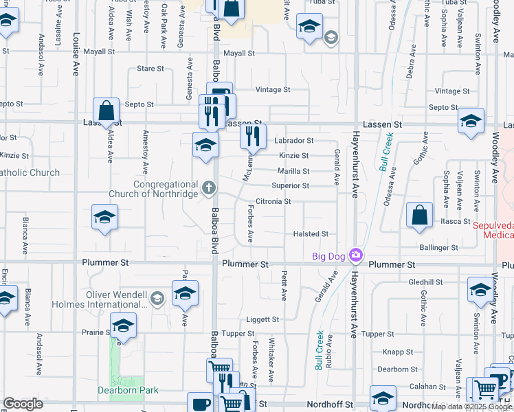 map of restaurants, bars, coffee shops, grocery stores, and more near 16852 Citronia Street in Los Angeles